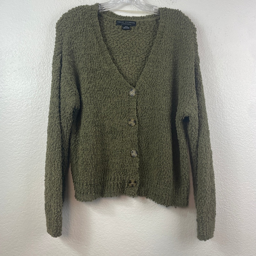 Social Standard Sanctuary Olive Green‎ Popcorn Knit Button Cardigan XW9011W3S S